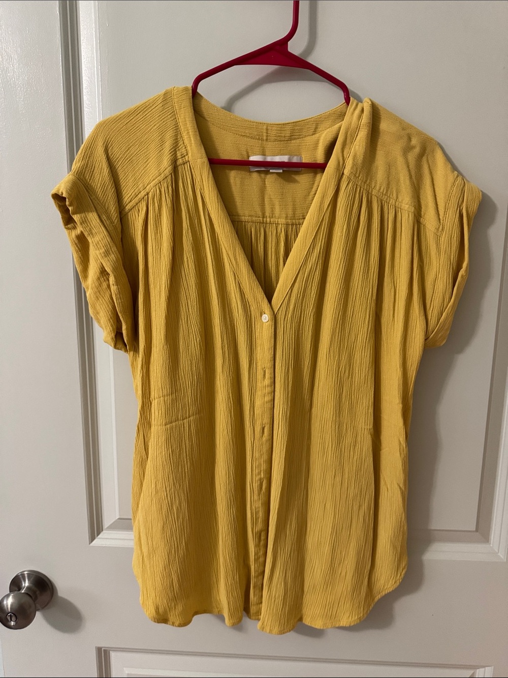 LOFT Mustard Yellow Button-Front Short Sleeve Blouse